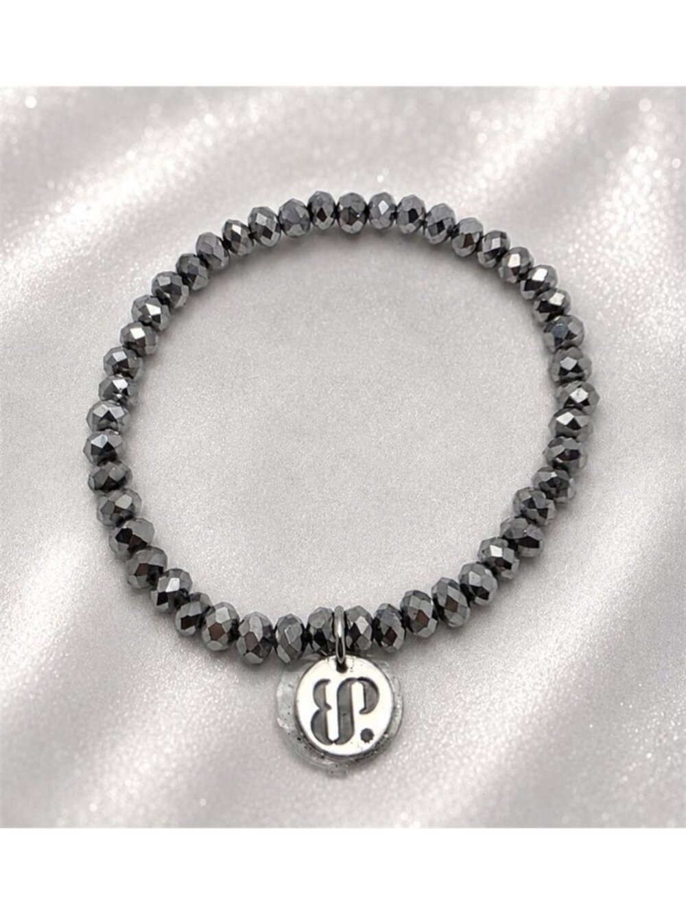 Bomb Party Metallic Gray Crystal Beaded Stretch Bracelet 7 in Silver Tone